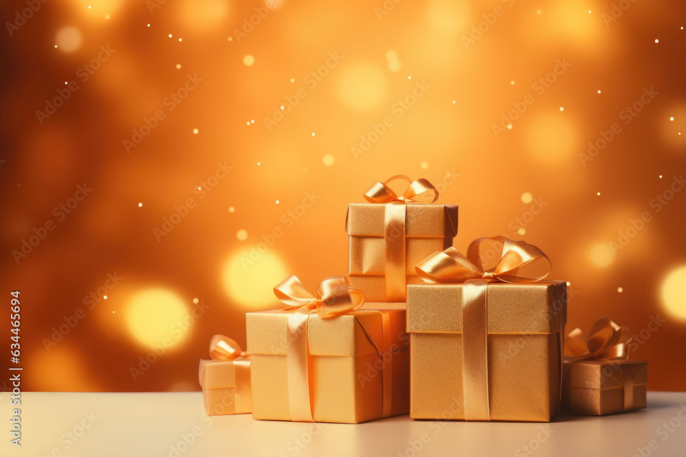 Christmas gifts on gradient shimmer background with snow, light bokeh. AI generated Christmas gifts on gradient shimmer background with snow, light bokeh. AI generated