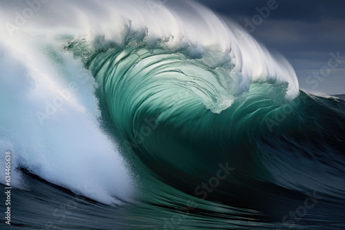 Beautiful deep blue tube wave in the ocean. Ocean wave sunrise from inside a beach wave. Generative AI © barmaleeva