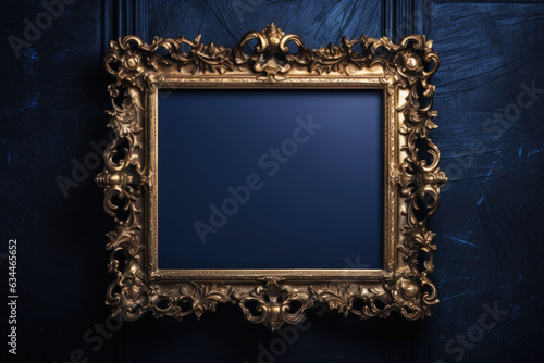 Old antique frame on the dark blue wall. AI generated