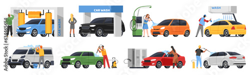 People in self car wash service. Cartoon persons clean, dry and vacuum brushing, pour foam on vehicles, drivers care about cleanliness, automatic automobile wash, tidy vector set