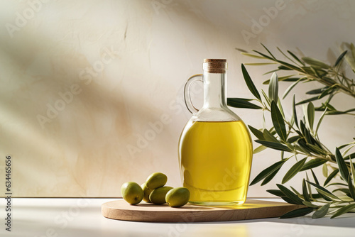 Bottle of fresh extra virgin olive oil and green olives with leaves. Generative AI