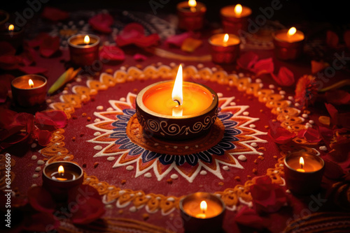 Lamps lit during diwali celebration. Lighting candles in rangoli patterns. AI generated