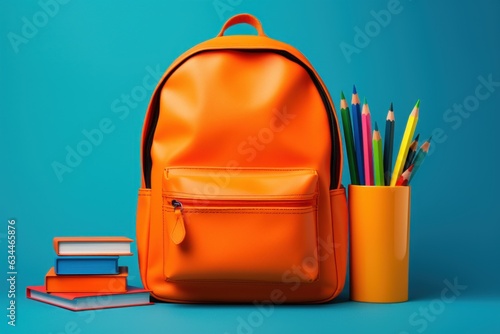 orange backpack on an blue background,corandas,notebooks,books,concept back to school photo
