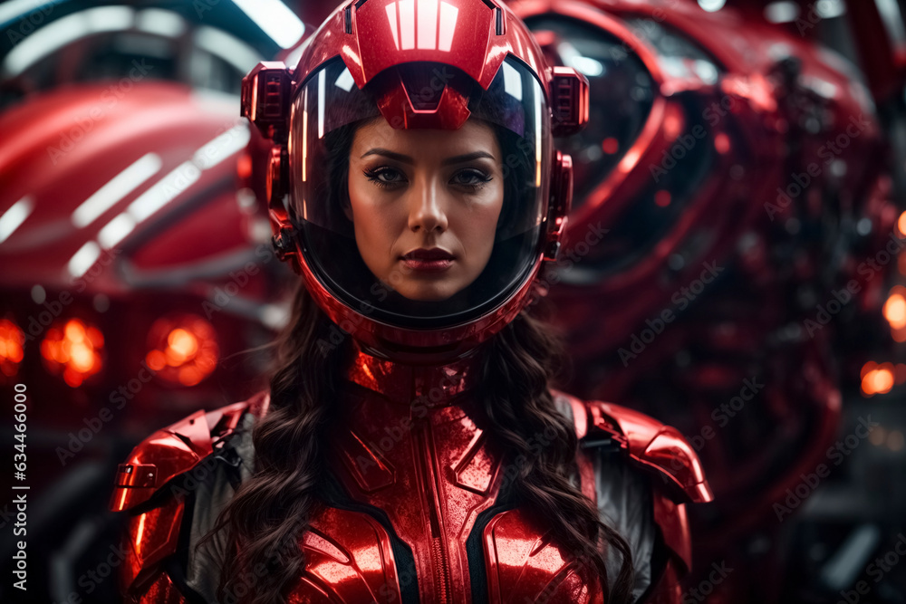 Woman with long brown hair from the future. She wears metallic red armor and helmet. Woman with long brown hair from the future. She wears metallic red armor and helmet.
