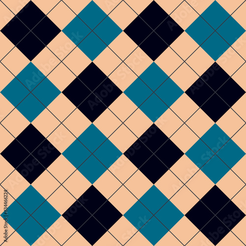 Seamless blue black argyle pattern. Traditional diamond check print. Vintage seamless background.