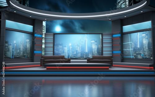 3D Virtual TV Studio News  Backdrop For TV Shows .TV On Wall.3D Virtual News Studio Background 3d illustration