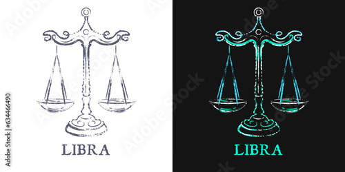 Neon outline silhouette of zodiac sign Libra. Paint brush strokes of fluorescent colors. Grunge style.