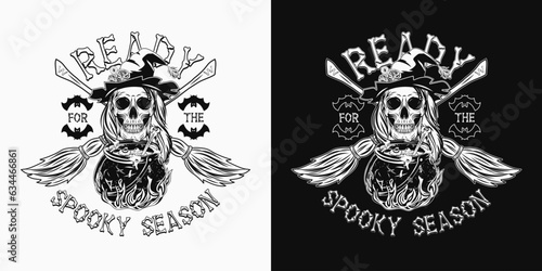 Label with witch cauldron with bubbling potion, skull with hair, hat, criss crossed brooms, silhouette of bat, bone text Spooky Season. Witchcraft magic illustration in vintage style