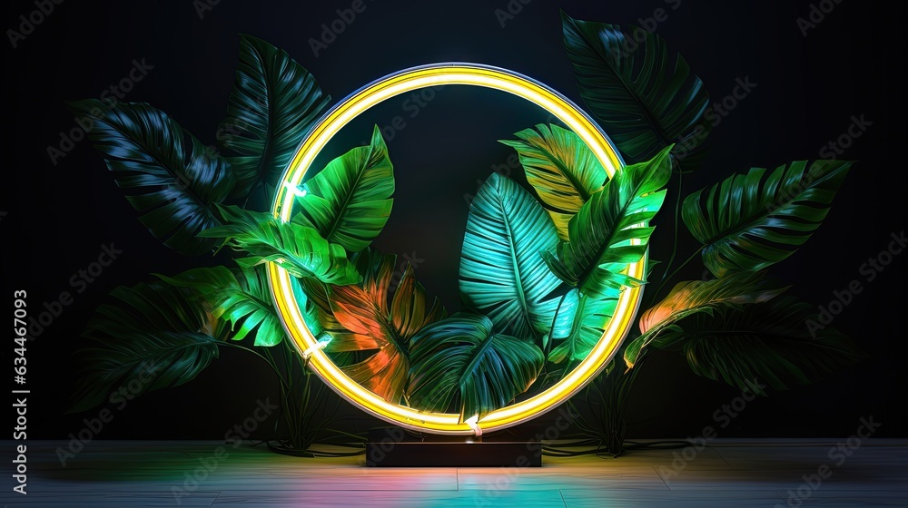 Tropical leaves neon colorful light. AI generation - obrazy, fototapety, plakaty 