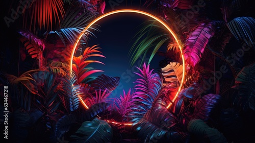 Fototapeta Naklejka Na Ścianę i Meble -  Tropical leaves neon colorful light. AI generation