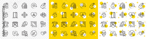Outline Market, Strong arm and Open door line icons pack for web with Yoga, Be mine, Augmented reality line icon. Statistic, Yoga music, Return package pictogram icon. Certificate. Vector