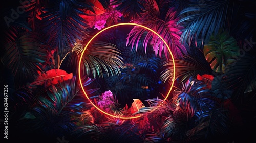 Fototapeta Naklejka Na Ścianę i Meble -  Tropical leaves neon colorful light. AI generation