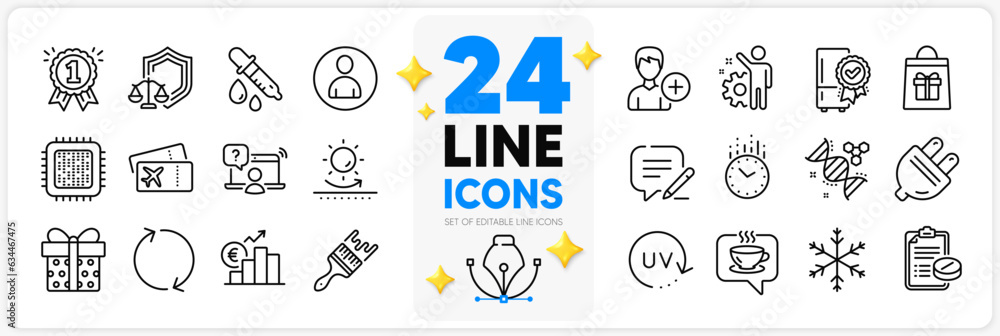 Icons set of Coffee, Cpu processor and Brush line icons pack for app with Online question, Chemistry dna, Sun protection thin outline icon. Write, Holidays shopping. Design with 3d stars. Vector