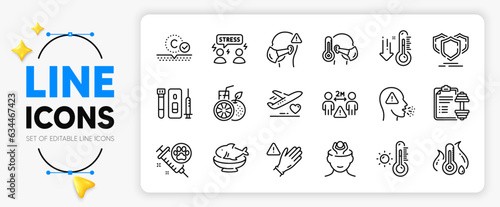 Seafood, Orange juice and Blood and saliva test line icons set for app include Medical flight, Dumbbell, Stress outline thin icon. Sick man, Cough, Weather thermometer pictogram icon. Vector