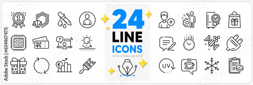 Icons set of Coffee, Cpu processor and Brush line icons pack for app with Online question, Chemistry dna, Sun protection thin outline icon. Write, Holidays shopping. Design with 3d stars. Vector