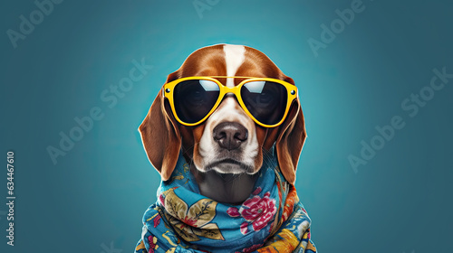 Portrait of a Hippie Fashionable Anthropomorphic Beagle with Sunglasses © OneByOne