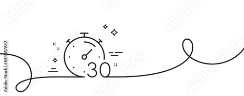 Timer 30 minutes line icon. Continuous one line with curl. Stopwatch time sign. Countdown clock symbol. Timer single outline ribbon. Loop curve pattern. Vector