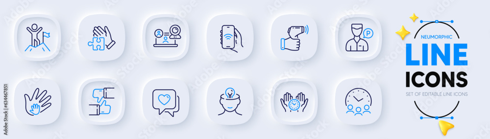Heart, Mental health and Meeting time line icons for web app. Pack of Safe time, Social responsibility, Puzzle pictogram icons. Leadership, Internet app, Valet servant signs. Vector Heart, Mental health and Meeting time line icons for web app. Pack of Safe time, Social responsibility, Puzzle pictogram icons. Leadership, Internet app, Valet servant signs. Vector