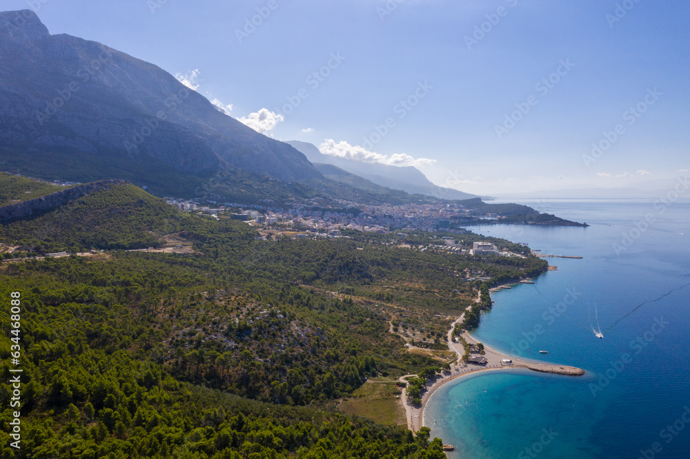 Beautiful coastline from a bird's eye view near the city of Makarska, Dalmatia, Croatia. Makarska Riviera, famous and tourist place in Europe