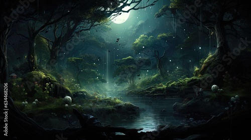 Night fabulous dark forest. AI generation © MiaStendal
