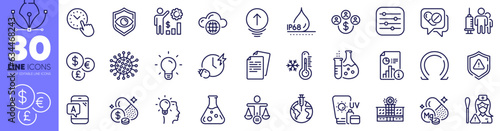 Chemistry flask, Medical drugs and Coronavirus line icons pack. Charging time, Buying currency, Employees wealth web icon. Cloud computing, Filter, Time management pictogram. Vector