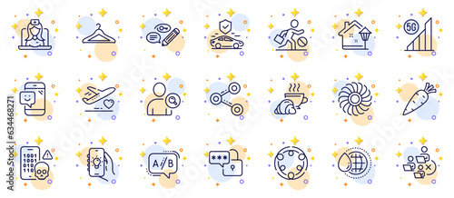 Outline set of Ab testing, Remove team and Medical flight line icons for web app. Include Keywords, Share, Telemedicine pictogram icons. Smile, Carrot, Lock signs. World water, 5g wifi. Vector