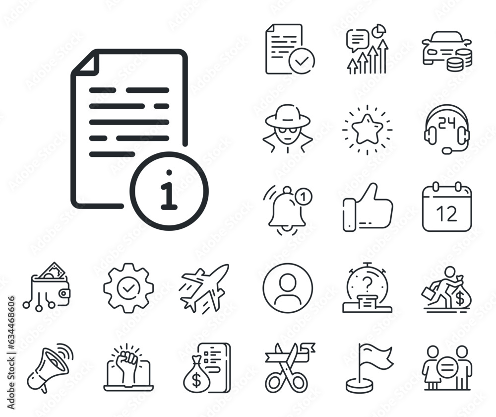 User manual sign. Salaryman, gender equality and alert bell outline icons. Instruction line icon. Information document symbol. Manual line sign. Spy or profile placeholder icon. Vector