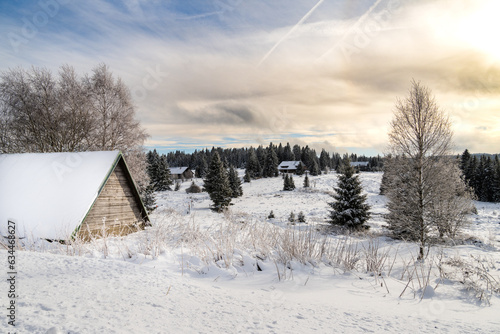 Winter at Filipova Hut, snowy cottages and trees, Sumava national park