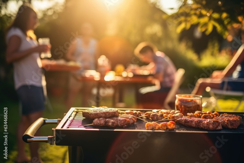 A group of people are standing around a grill in a backyard, cooking food and socializing.