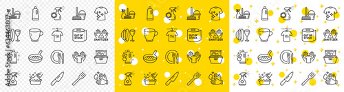 Outline Shampoo, Hand washing and Wash hands line icons pack for web with Toilet paper, Household service, Clean t-shirt line icon. Knife, Dish, Clean hands pictogram icon. Tea cup. Vector