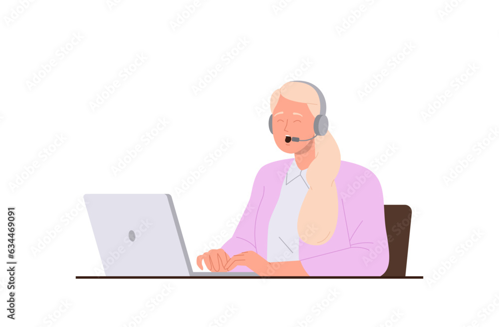 Hotline operator advisor female cartoon character consulting solving customers problem on laptop Hotline operator advisor female cartoon character consulting solving customers problem on laptop
