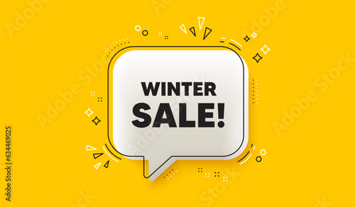 Winter Sale tag. 3d speech bubble yellow banner. Special offer price sign. Advertising Discounts symbol. Winter sale chat speech bubble message. Talk box infographics. Vector
