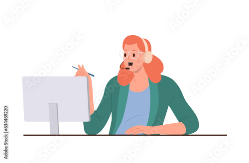 Hotline operator or telemarketer talking to client holding online videochat on laptop computer