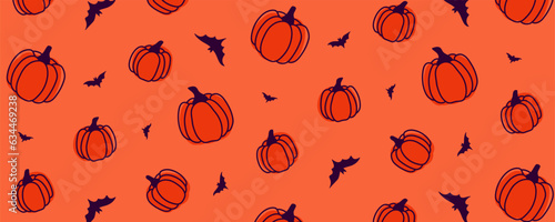 Halloween pumpkin harvest bat treat sweet or nasty autumn holiday dead orange purple violet pattern seamless repeat paraphernalia set supernatural background wallpaper wrap textile texture clothing