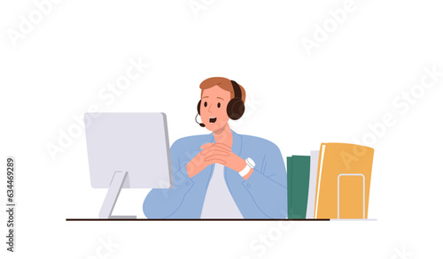Man character operator of call center wearing headphones talking to client via video chat on laptop