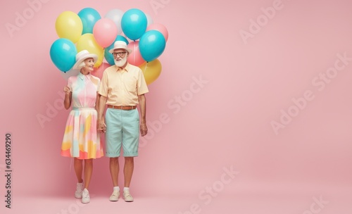senior couple dressed in cute colors  holding balloons  in the style of vintage-inspired designs on pastel pink background