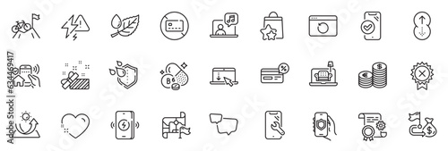 Icons pack as Speech bubble, Leaf dew and Lightning bolt line icons for app include Heart, Furniture, Swipe up outline thin icon web set. Cashback, Reject medal, Financial goal pictogram. Vector