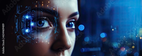 Close up female eyes as a biometrics eye scanning photorealistic futuristic digital cyber technology colourful facial recognition  dark background