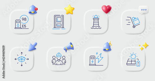 Lighthouse, Solar panel and Petrol station line icons. Buttons with 3d bell, chat speech, cursor. Pack of Push cart, Entrance, Parcel delivery icon. Vector