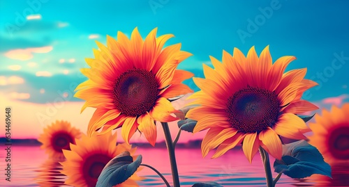 sunflower background with different colors, in the style of sky-blue and pink, photo-realistic landscapes