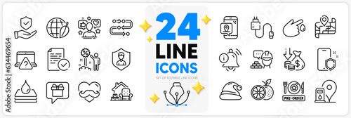 Icons set of Methodology, Information bell and Pre-order food line icons pack for app with Environment day, Blood donation, Map thin outline icon. Packing things, Security agency. Vector