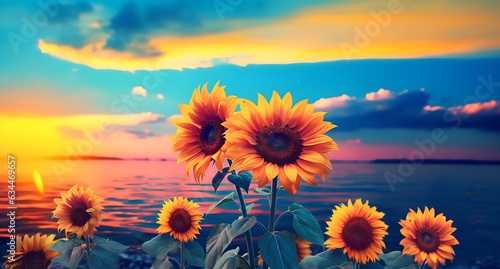 sunflower background with different colors, in the style of sky-blue and pink, photo-realistic landscapes