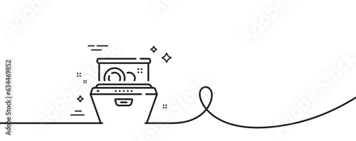Dishwasher line icon. Continuous one line with curl. Wash dishes and plates sign. Dish cleaning machine symbol. Dishwasher single outline ribbon. Loop curve pattern. Vector