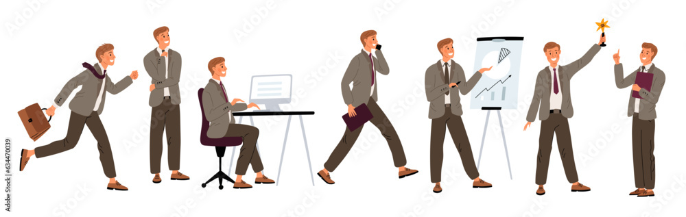 Business man. Male office character. Happy manager activities. Professional employee in strict suit conducts presentation. Smiling businessman working at computer. Garish vector set Business man. Male office character. Happy manager activities. Professional employee in strict suit conducts presentation. Smiling businessman working at computer. Garish vector set