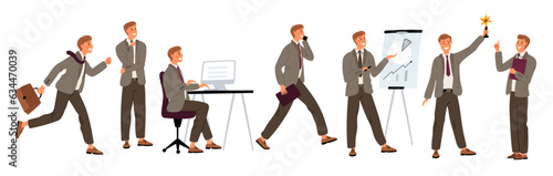 Business man. Male office character. Happy manager activities. Professional employee in strict suit conducts presentation. Smiling businessman working at computer. Garish vector set