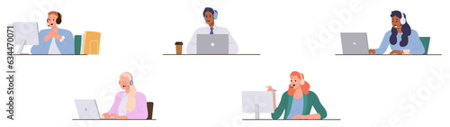 Isolated set of people operator characters wearing headsets working in call center contact service