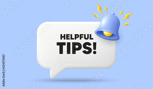 Helpful tips tag. 3d speech bubble banner with bell. Education faq sign. Help assistance symbol. Helpful tips chat speech message. 3d offer talk box. Vector