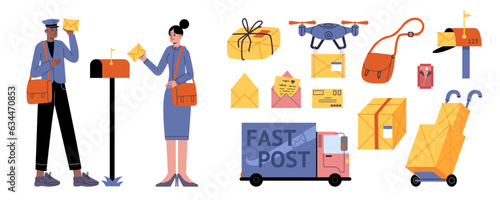 Cartoon postman and mail elements. Postal envelopes and boxes. Sending correspondence. Express delivery tools and transport. Parcels and letters shipping. Post office workers vector set