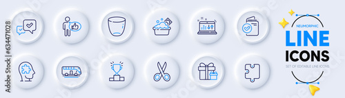 Approve, Puzzle and Launder money line icons for web app. Pack of Cut, Sound check, Glass pictogram icons. Verification document, Bus tour, Surprise package signs. Winner podium, Like. Vector