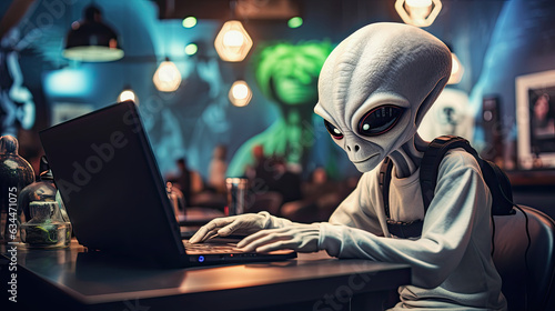illustration of an alien sitting in an internet cafe and working with laptop